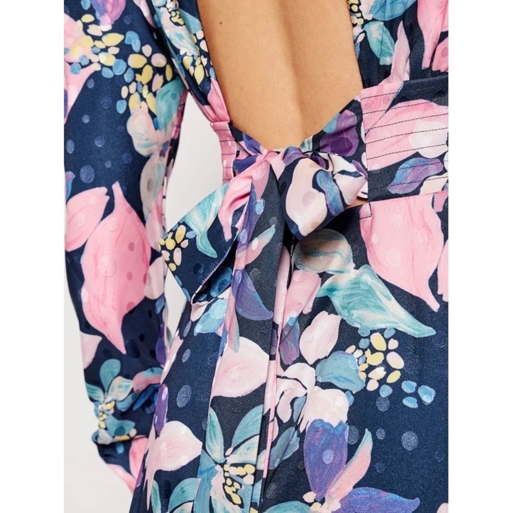 NWT For Love & Lemons Victoria Satin Floral Midi Dress Navy Pink Long Sleeve M - Picture 3 of 13